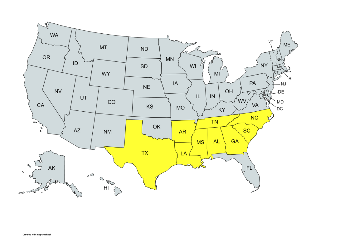 a map of the United States with Alabama, Georgia, Mississippi, North Carolina, South Carolina, Arkansas, Louisiana, Texas and Tennessee highlighted in yellow